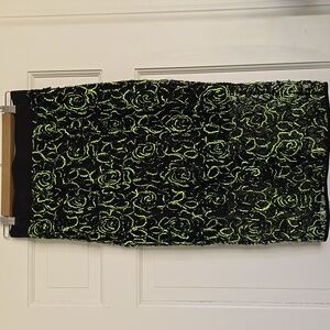 Milly Black Pencil Skirt with Neon Green Rose Jacquard